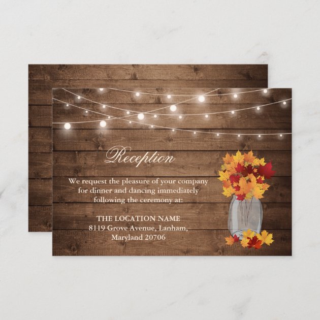 Rustic Fall Leaves String Light Wedding Reception Enclosure Card