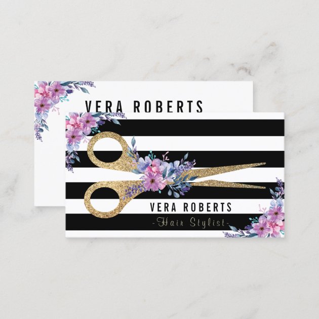 Hair Stylist Gold Scissors & Beauty Salon floral Business Card (back side)