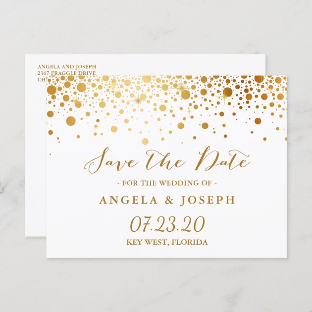 Faux Gold Foil Confetti Dots Elegant Save The Date Announcement Postcard
