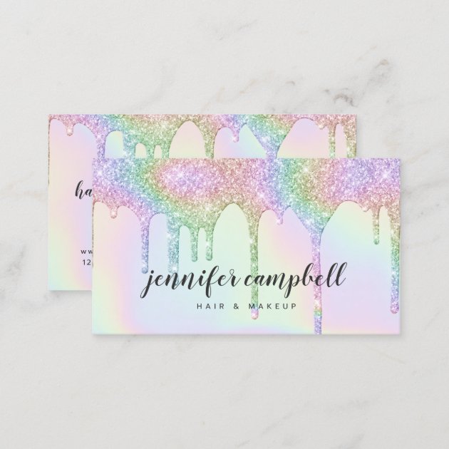 Unicorn holographic glitter drips glam makeup hair business card (back side)