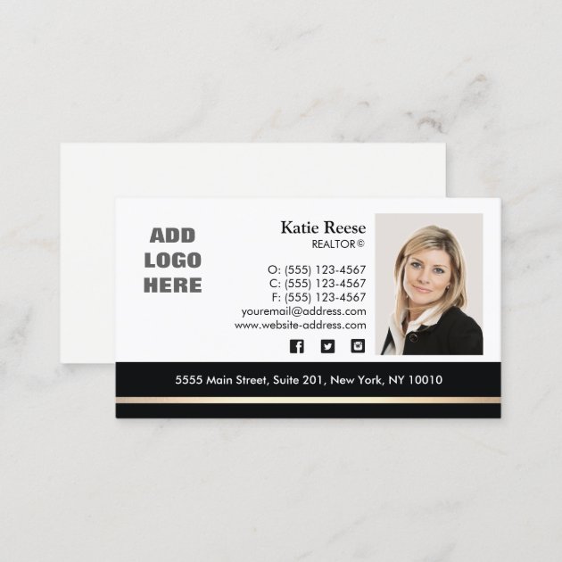 Professional Photo Gold Stripe Real Estate Business Card (back side)
