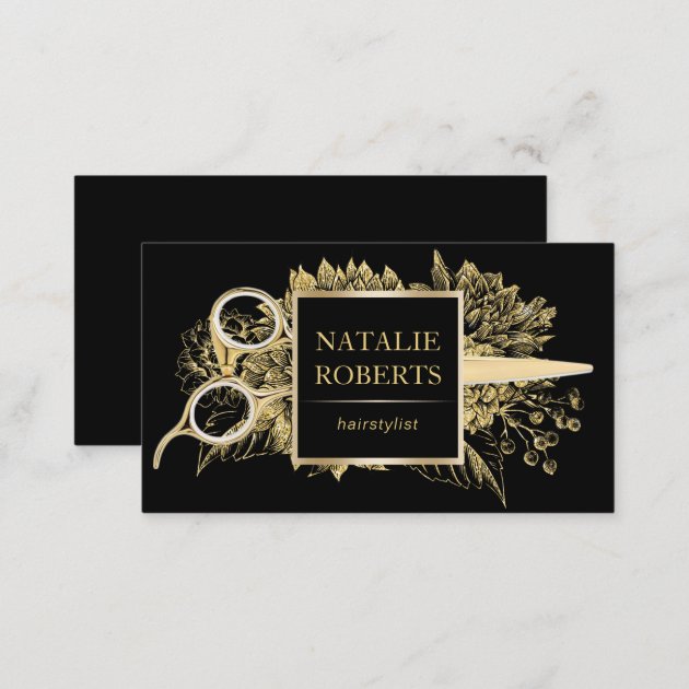 Hair Stylist Black & Gold Floral Beauty Salon Business Card (back side)