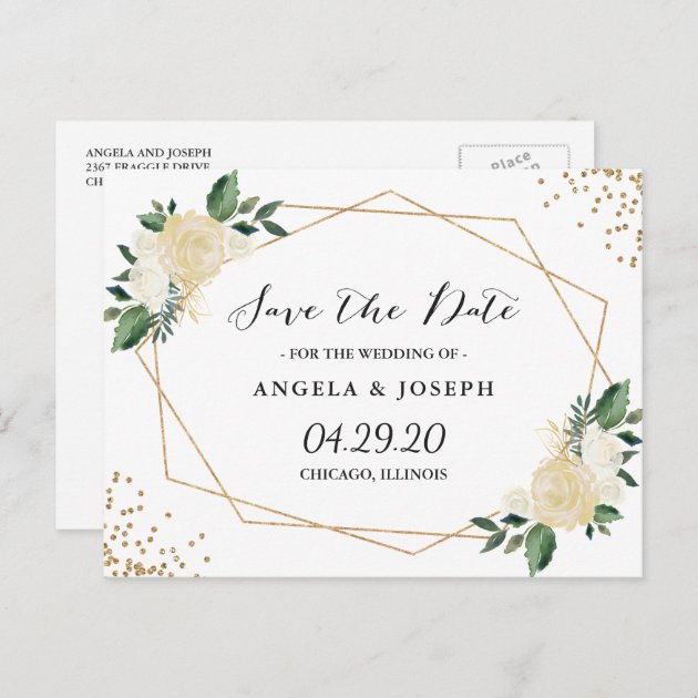 Watercolor Nature Green Gold Floral Save The Date Announcement Postcard
