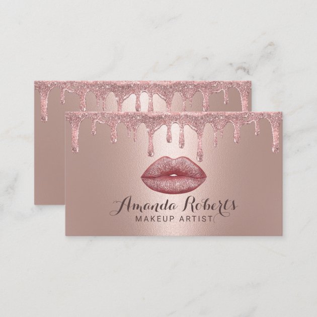 Makeup Artist Rose Gold Drips Glam Lips Salon Business Card (back side)