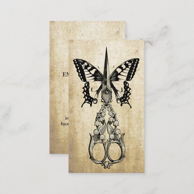 Hair Stylist Elegant Butterfly & Scissor Vintage Business Card (back side)