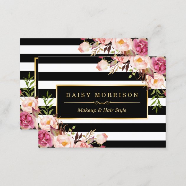 Vintage Floral Wrapping Around Black White Stripes Business Card (back side)