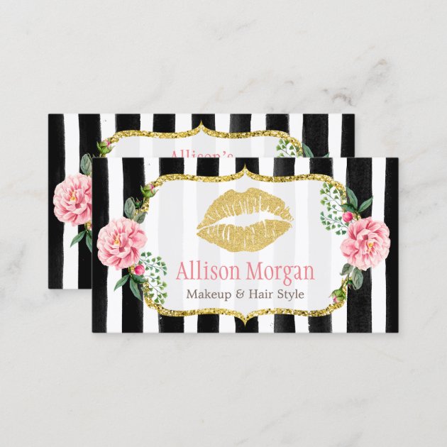 Makeup Artist Gold Lips Romantic Floral Striped Business Card (back side)