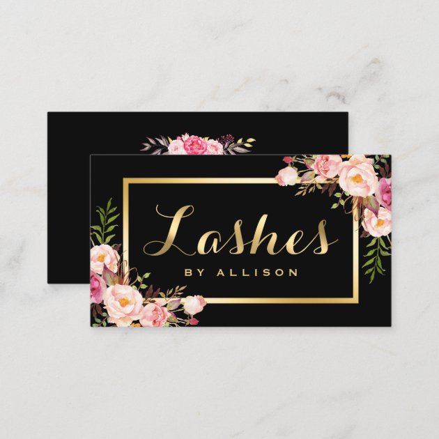 Lashes Script Modern Makeup Black Gold Floral Business Card (back side)