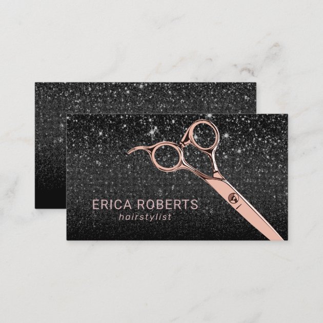 Hair Stylist Rose Gold Scissor Black Glitter Salon Business Card (back side)
