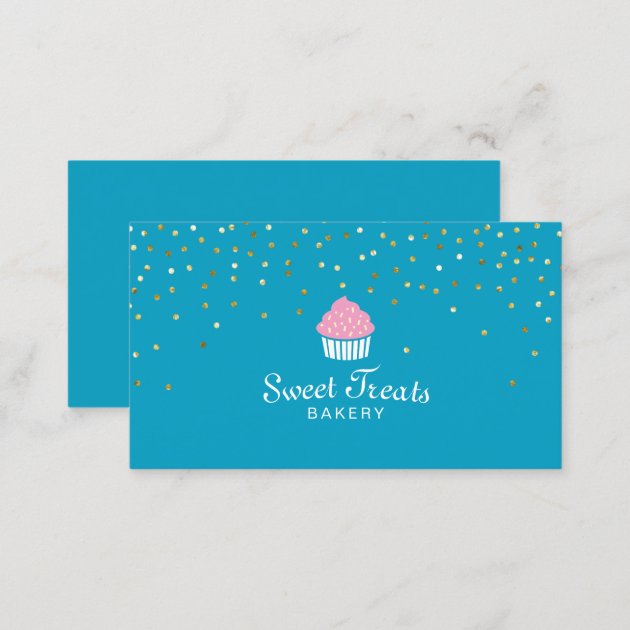 Bakery Cupcake Sweet Treats Confetti Turquoise Business Card (back side)