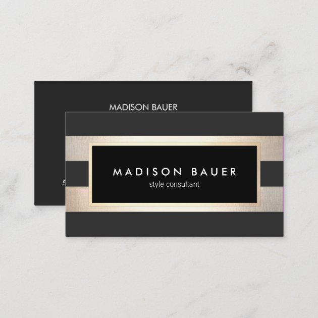 Modern Elegant Striped Trendy Black Gold Foil Business Card (back side)