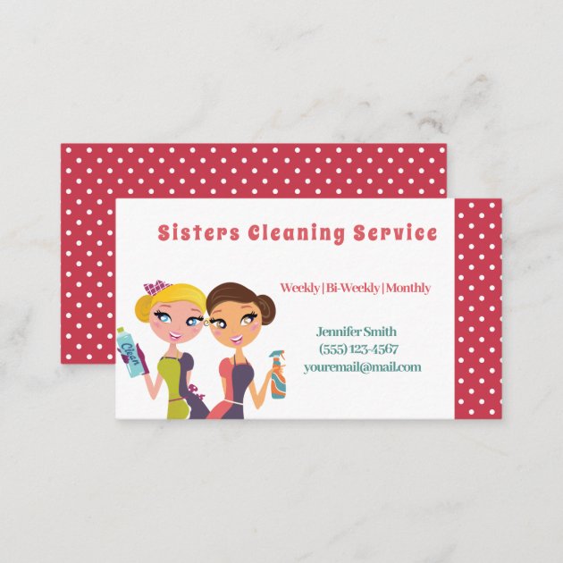 Cute Pink Polka Dot Maid House Cleaning Service Business Card (back side)