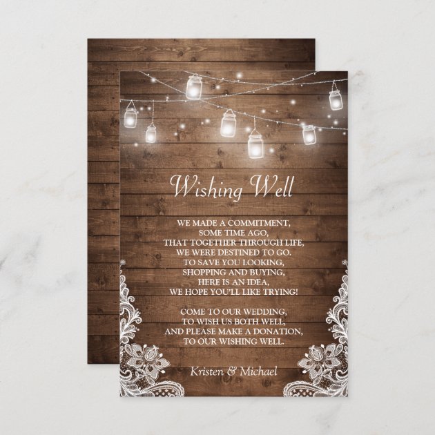 Wishing Well | Rustic Wood Mason Jar Lights Lace Enclosure Card