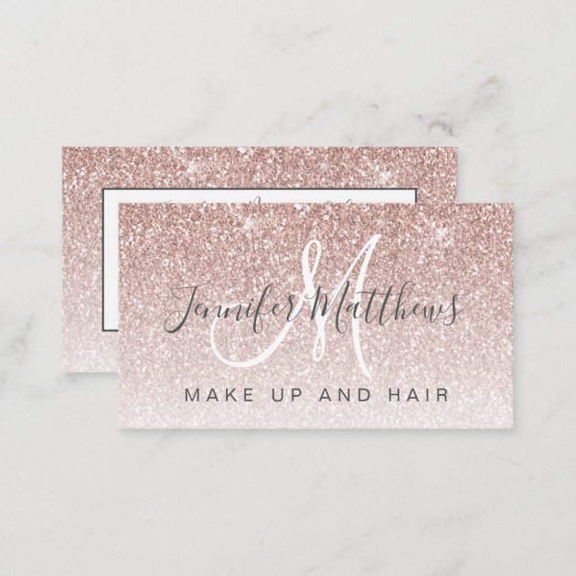 Trendy Rose Gold Glitter Makeup Artist Hair Salon Business Card (back side)