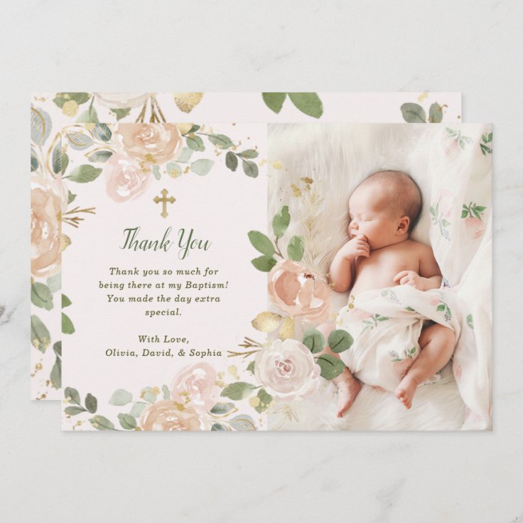 Beautiful Neutral Floral and Cross | Photo Baptism Thank You Card (Front/Back)