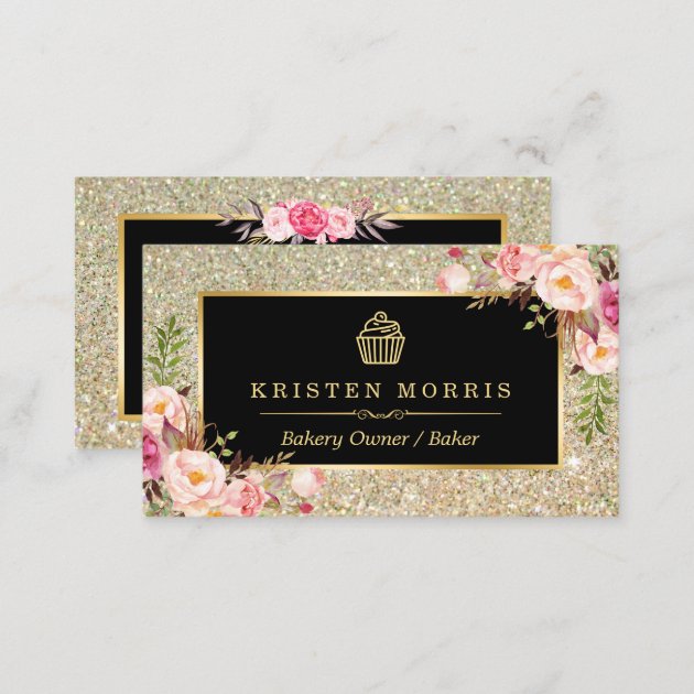 Bakery Cupcake Logo | Floral Gold Glitter Sparkles Business Card (back side)