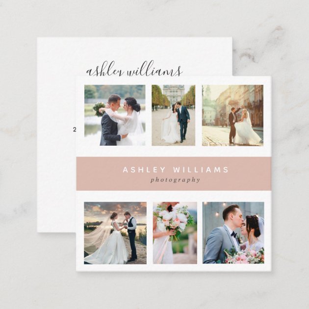 Square Blush Pink Photo Collage Photographer Square Business Card (back side)