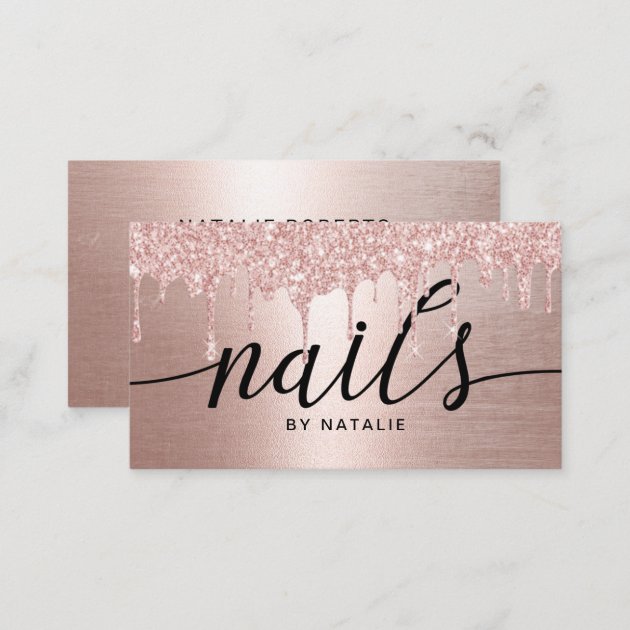 Nail Salon Rose Gold Glitter Drips Typography Business Card (back side)