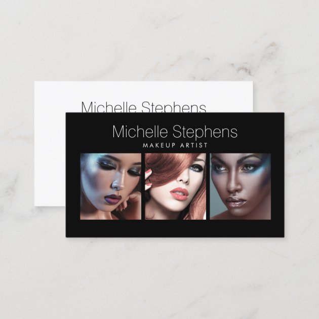 Modern Photo Trio for Makeup Artists Black Business Card (back side)