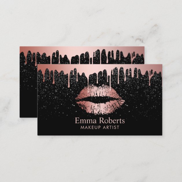 Makeup Artist Rose Gold Lips Trendy Dripping Business Card (back side)