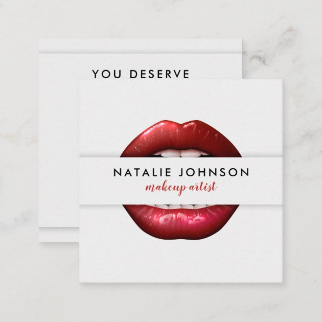 Makeup artist cool 3d red lips modern gray beauty square business card (back side)