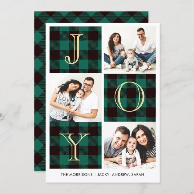 JOY | Green Plaid Photo Collage Holiday Card