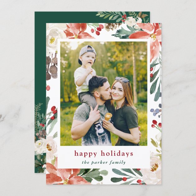 Modern Poinsettia Floral Frame Photo And Wording Holiday Card