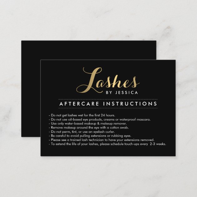 Glam Lashes Script Text Gold/Black Aftercare Card (back side)