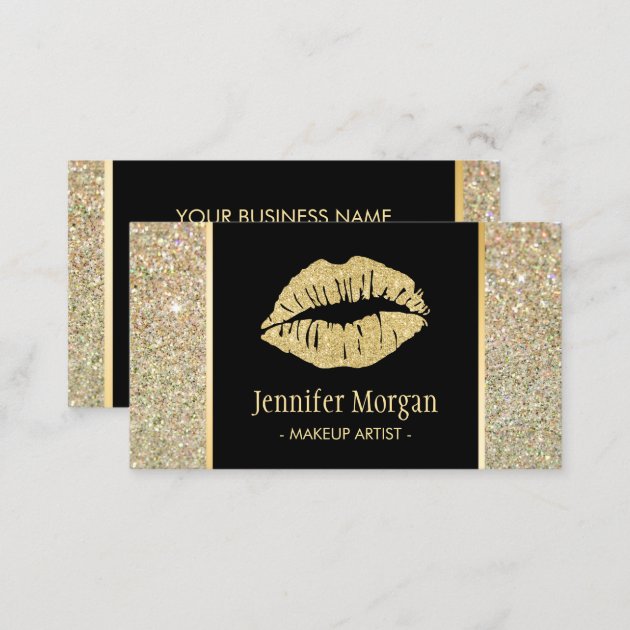 Gold Lips Trendy Glitter Sparkles Makeup Artist Business Card (back side)