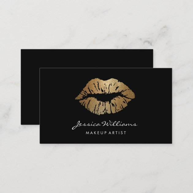 Makeup Artist Gold Lips Black Business Card (back side)