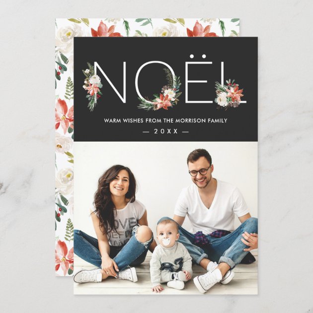NOEL Typography Poinsettia Floral Christmas Photo Holiday Card