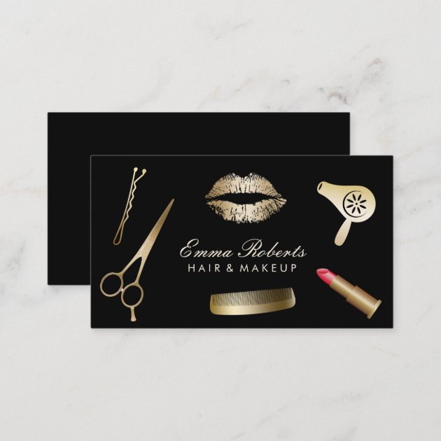 Makeup Artist Hair Stylist Modern Black & Gold Business Card (back side)