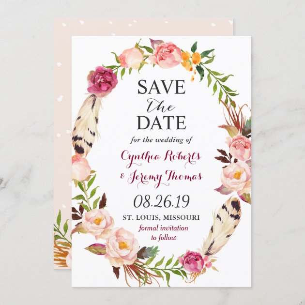 Bohemian Floral Wreath Feather Boho Save The Date
