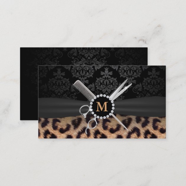 Hair Stylist Monogram Modern Leopard Print Business Card (back side)