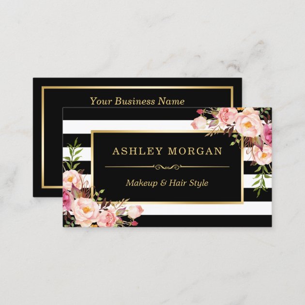 Gold Vintage Floral Black White Stripes Business Card (back side)