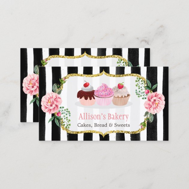 Sweet Bakery Cupcakes Gold Pink Floral Striped Business Card (back side)