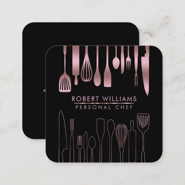 Rose Gold Chef Kitchen Utensil Tools Faux Catering Square Business Card (back side)