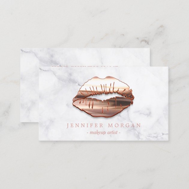 Trendy Marble Rose Gold 3D Lips Makeup Artist Business Card (back side)