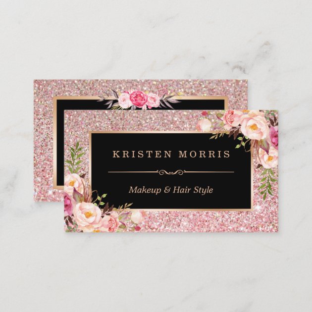 Floral Rose Gold Glitter Makeup Artist Hair Salon Business Card (back side)