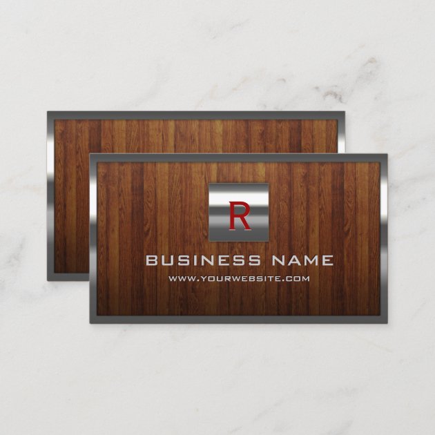 Metal Monogram Steel Border Wood Professional Business Card (back side)