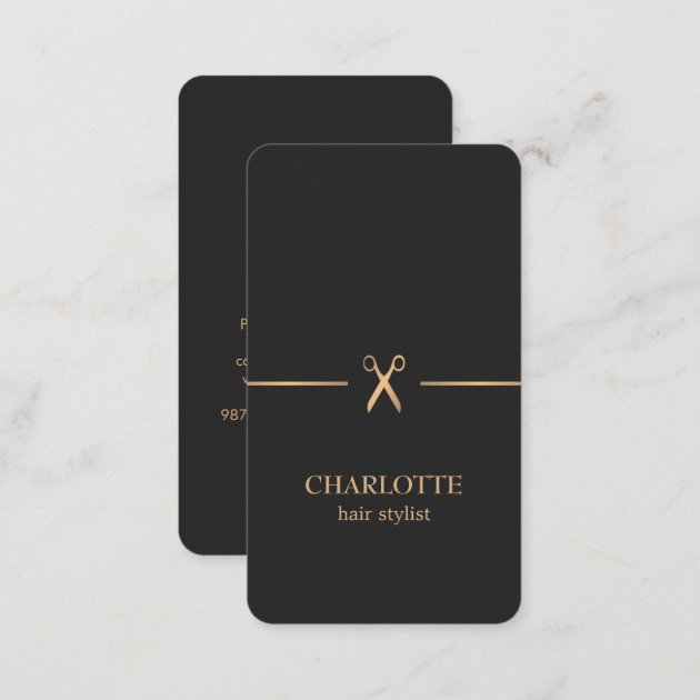 Modern Elegant Chic Faux Gold Black Hair Stylist Business Card (back side)
