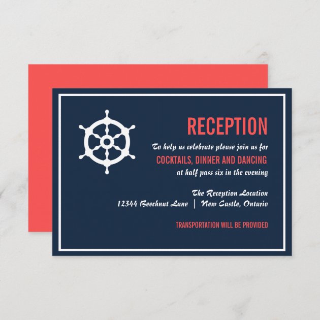 Navy And Coral Nautical Wedding Reception Card