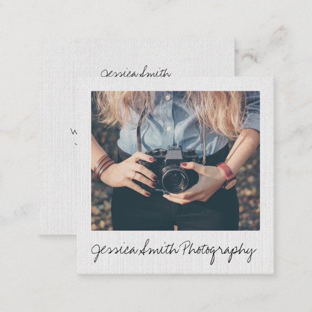 Rustic photographer photo white paper texture square business card (back side)