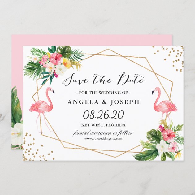 Tropical Floral Flamingos Summer Save The Date