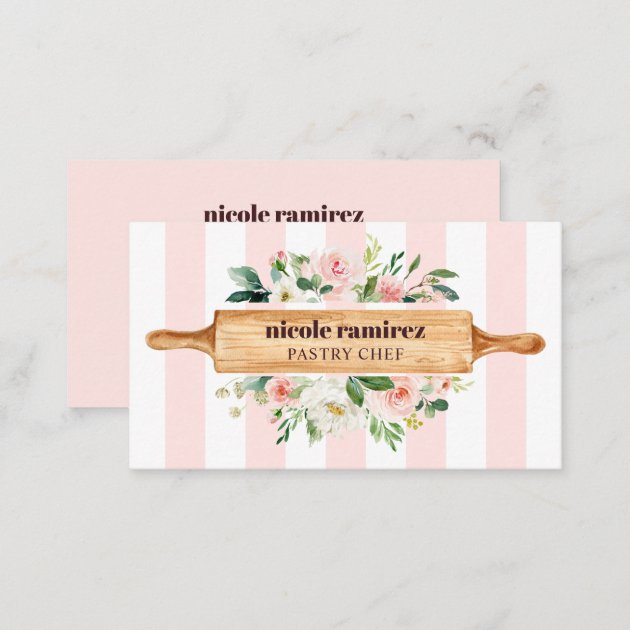 Floral Bakery Rolling Pin Patisserie striped Business Card (back side)