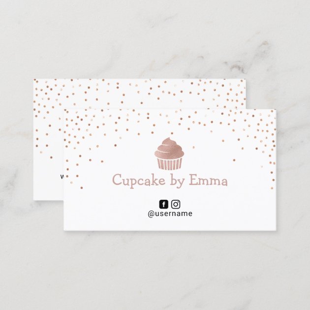 Bakery Rose Gold Cupcake Modern Confetti Business Card (back side)