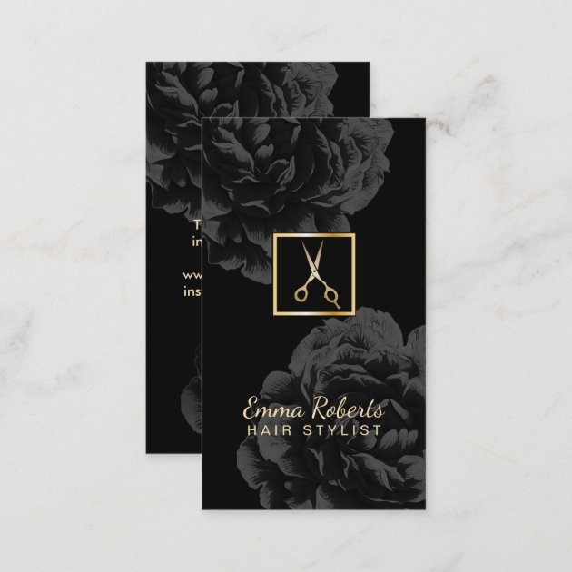 Hair Stylist Gold Scissor Logo Classy Black Floral Business Card (back side)