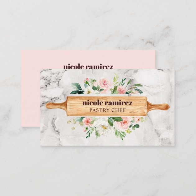 Floral Bakery Rolling Pin Patisserie white marble Business Card (back side)