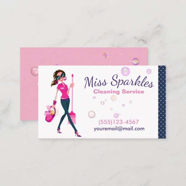 Cute Trendy Cartoon Maid House Cleaning Services Business Card (back side)