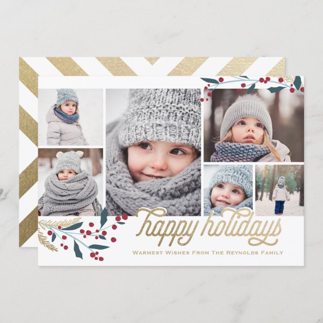 Gold Red Berries 6 Photo Collage | Happy Holidays Holiday Card